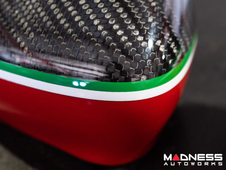 FIAT 500 Mirror Covers - Carbon Fiber - Red Lower Portion - Italian Racing Stripe w/ White Scorpion